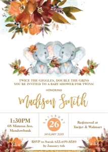 Autumn Floral Twins Girl Boy Baby Shower Invitation 5"x7": Autumn Floral Twins Elephant Boy Girl Invitation Bundle