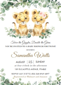 Greenery Lion Cubs Twins Boy Girl Baby Shower Invitation 5"x7": Greenery Lion Cubs Twins Boy Girl Baby Shower Invitation 5"x7"