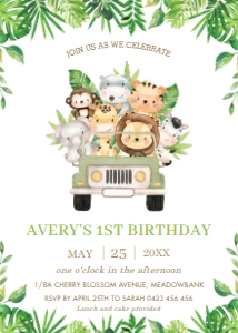Greenery Jungle Animals Safari Car Birthday Invitation 5"x7": Greenery Jungle Animals Safari Car Birthday Invitation 5"x7"