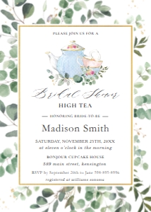 Eucalyptus Greenery High Tea Party Bridal Shower Invitation 5"x7": Eucalyptus Greenery High Tea Party Bridal Shower Invitation 5"x7"