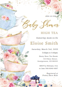 Elegant Blush Pink Floral Baby Shower High Tea Invitation 5"x7" design preview