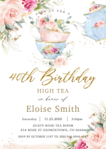 Elegant Blush Floral High Tea Birthday Invitation 5"x7": Elegant Blush Floral High Tea Birthday Invitation 5"x7"
