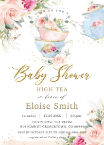 Elegant Blush Floral High Tea Baby Shower Invitation 5"x7" design preview