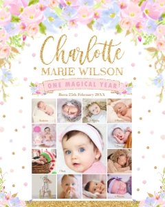 Pink Blue Floral Baby's First Year Photo Collage 16"x20" design preview