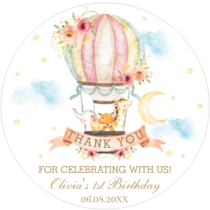 Blush Floral Hot Air Balloon Baby Animals 2" Circle Label design preview