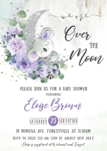 Whimsical Koala Bear Crescent Moon Purple Floral Baby Shower Invitation 5"x7": Whimsical Koala Bear Crescent Moon Purple Floral Baby Shower Invitation 5"x7"
