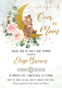 Whimsical Bear Crescent Moon Floral Baby Shower Invitation 5"x7" design preview
