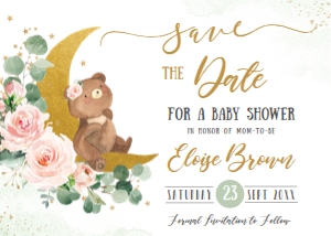 Whimsical Bear Crescent Moon Floral Save the Date Card 5"x7": Whimsical Bear Crescent Moon Floral Save the Date Card 5"x7"