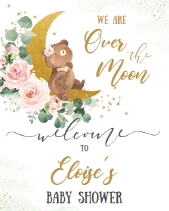 Whimsical Bear Crescent Moon Blush Floral Welcome Sign 16"x20" design preview