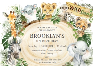 Jungle Animals Greenery Rustic Wood Birthday Invitation 5"x7" design preview