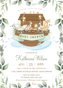 Chic Greenery Noah's Ark Gender Neutral Invitation 5"x7" design preview