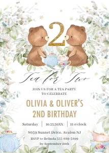 Soft Greenery Teddy Bear Tea Party Birthday Invitation 5"x7" design preview