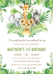 Greenery Jungle Animals Birthday Party Invitation 5"x7" design preview