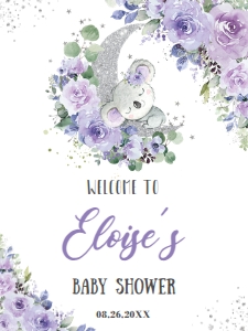 Whimsical Koala Bear Crescent Moon Purple Floral Welcome Sign 18"x24": Whimsical Koala Bear Crescent Moon Purple Floral Welcome Sign 18"x24"