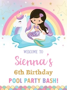 Mermaid and Unicorn Pool Party Welcome Sign 18"x24" Black Hair: Mermaid and Unicorn Pool Party Welcome Sign 18"x24" Black Hair