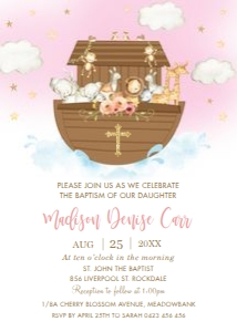 Noah's Ark Pink Baptism Invitation 5"x7": Noah's Ark Pink Baptism Invitation 5"x7"