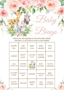 Jungle Animals Pink Floral Bingo Game 5"x7" design preview
