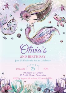 Whimsical Mermaid Pink Tail Birthday Invitation 5"x7" design preview