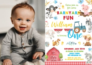 Cute and Colorful Farm Animals Birthday Photo Invitation 5"x7" BY4: Cute and Colorful Farm Animals Birthday Photo Invitation 5"x7" BY4
