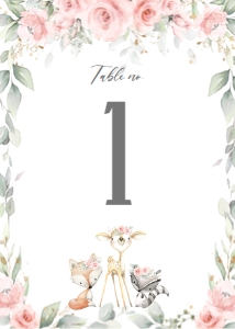 Whimsical Woodland Animals Blush Floral Greenery Table Number Card 5"x7" design preview