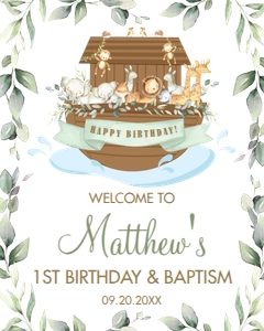 Noah's Ark Greenery Green Banner Birthday Baptism Welcome Sign 16"x20" design preview