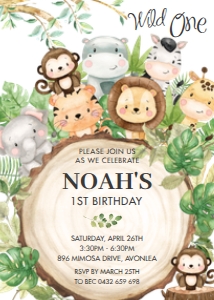 Cute Jungle Animals Wood Slice Birthday Party Invitation 5"x7" design preview