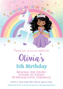 Princess and Unicorn Birthday Party Invitation Dark Skin Long Hair - 5"x7": Princess and Unicorn Birthday Party Invitation Dark Skin Long Hair - 5"x7"