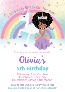 Princess and Unicorn Birthday Party Invitation African Dark Skin Afro - 5"x7" design preview