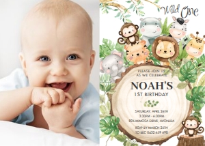 Cute Jungle Animals Wood Slice Photo Birthday Party Invitation 5"x7": Cute Jungle Animals Wood Slice Photo Birthday Party Invitation 5"x7"
