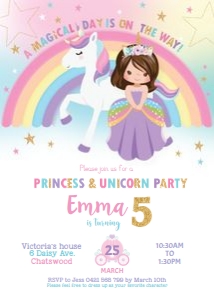 Princess and Unicorn Birthday Party Invitation Brown Hair - 5"x7" design preview