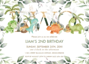 Chic Dinosaurs Greenery 2nd Birthday Invitation 5"x7" design preview