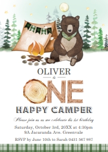 Camping Bear S'mores One Happy Camper 1st Birthday Invitation 5"x7" design preview