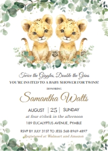 Greenery Lion Cubs Twin Boys Baby Shower Invitation 5"x7" design preview