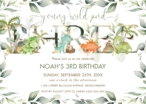 Chic Dinosaurs Greenery 3rd Birthday Invitation 5"x7" design preview