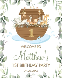 Noah's Ark Greenery Birthday Baptism Welcome Sign 16"x20" design preview
