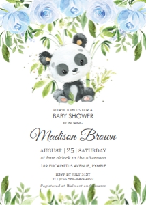 Panda Blue Floral Greenery Baby Shower Invitation 1 5"x7" design preview