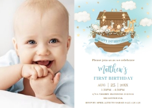 Noah's Ark Boy Birthday Party Photo Invitation 5"x7" design preview