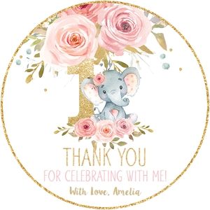 Elephant Blush Floral 1st Birthday 2 Inches Circle Label design preview