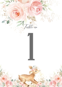Whimsical Baby Deer Blush Floral Greenery Table Number Card 5"x7" design preview