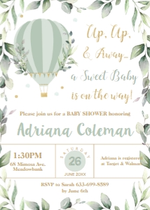 Greenery Hot Air Balloon Gender Neutral Baby Shower Invitation 5"x7" design preview