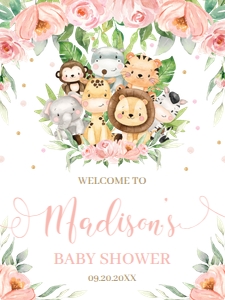 Cute Jungle Animals Pink Floral Welcome Sign 18"x24" design preview