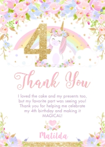 Floral Cute Rainbow Unicorn 4th Birthday Thank You Card 5"x7" design preview