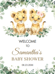 Greenery Twins Boy Girl Lion Cubs Welcome Sign 18"x24" design preview