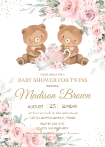 Blush Floral Teddy Bear Tea Party Twins Baby Shower Invitation 5"x7": Blush Floral Teddy Bear Tea Party Twins Baby Shower Invitation 5"x7"