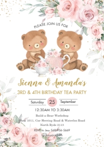 Blush Floral Teddy Bear Tea Party Joint Twins Birthday Invitation 5"x7": Blush Floral Teddy Bear Tea Party Joint Twins Birthday Invitation 5"x7"
