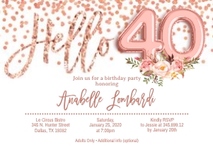 Hello Floral Birthday Rose Gold_5x7 Invitation_Age40 design preview
