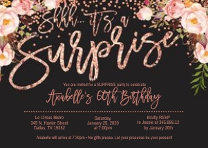Floral Rose Gold_Black Background_5x7_Invitation_Age60th: Floral Rose Gold_Black Background_5x7_Invitation_Age60th