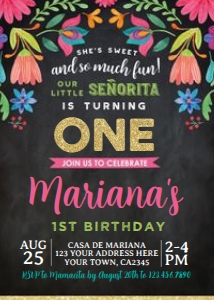 Fiesta Floral First Birthday Invitation (gold, black) - www.printerfairy.com: Fiesta Floral First Birthday Invitation (gold, black) - www.printerfairy.com
