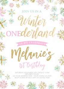 Winter ONEderland Birthday Invitation (white, pink & gold) - www.printerfairy.com design preview