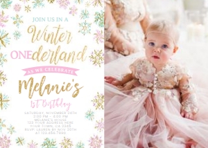 Winter ONEderland Birthday Invitation with Photo (white, pink & gold) - www.printerfairy.com design preview